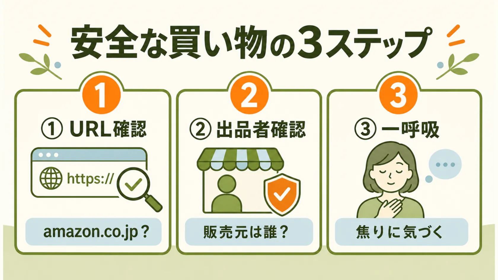 安全な買い物の3ステップを示すインフォグラフィック。①URL確認、②出品者確認、③購入前に一呼吸、の3カードが横並びで表示されている。