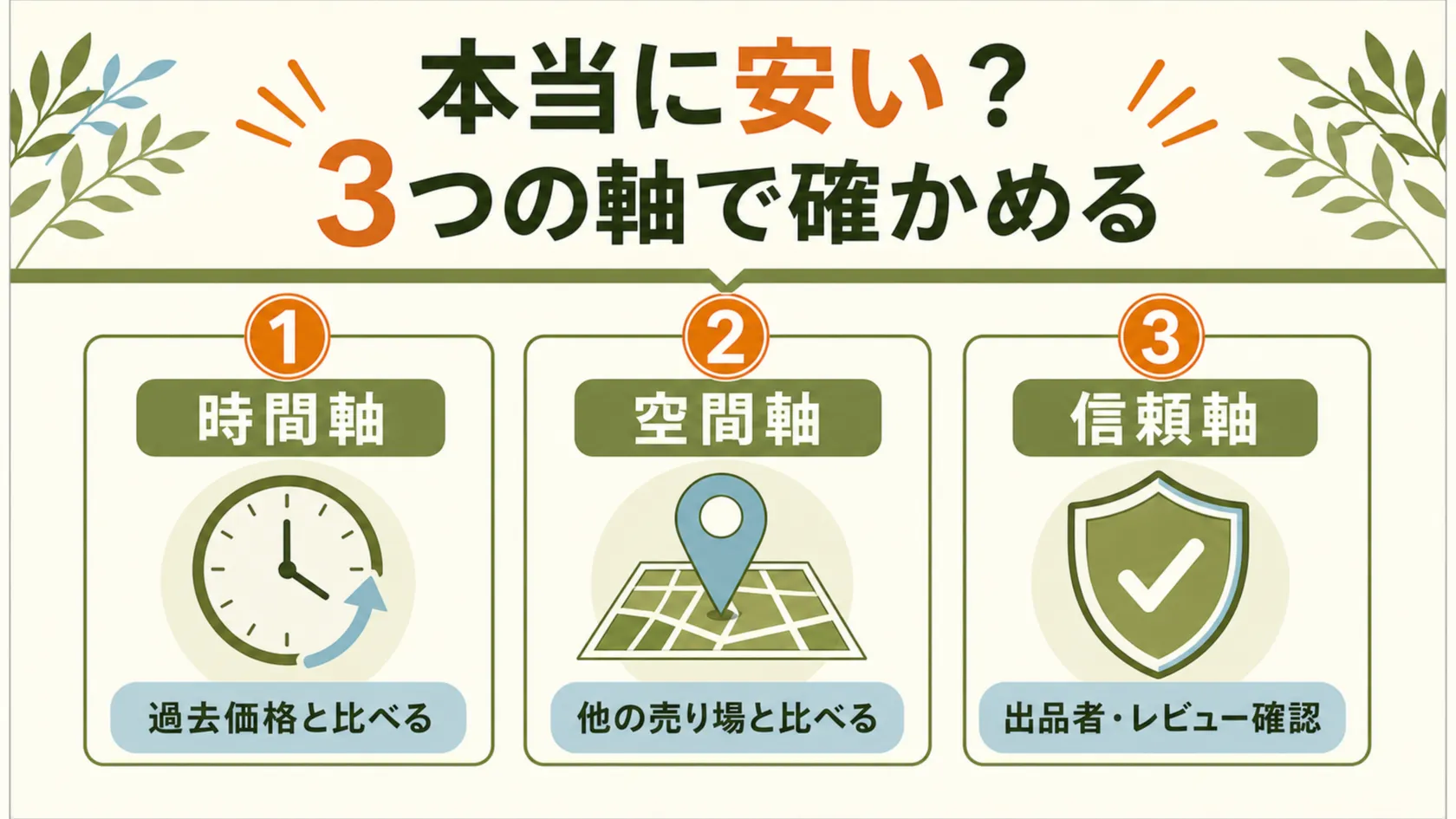 Amazonセールで本当に安いか確かめる3軸フレームの図解。①時間軸（過去価格と比べる）②空間軸（他の売り場と比べる）③信頼軸（出品者・レビュー確認）の3つのカードを横並びで示したアイキャッチ画像。